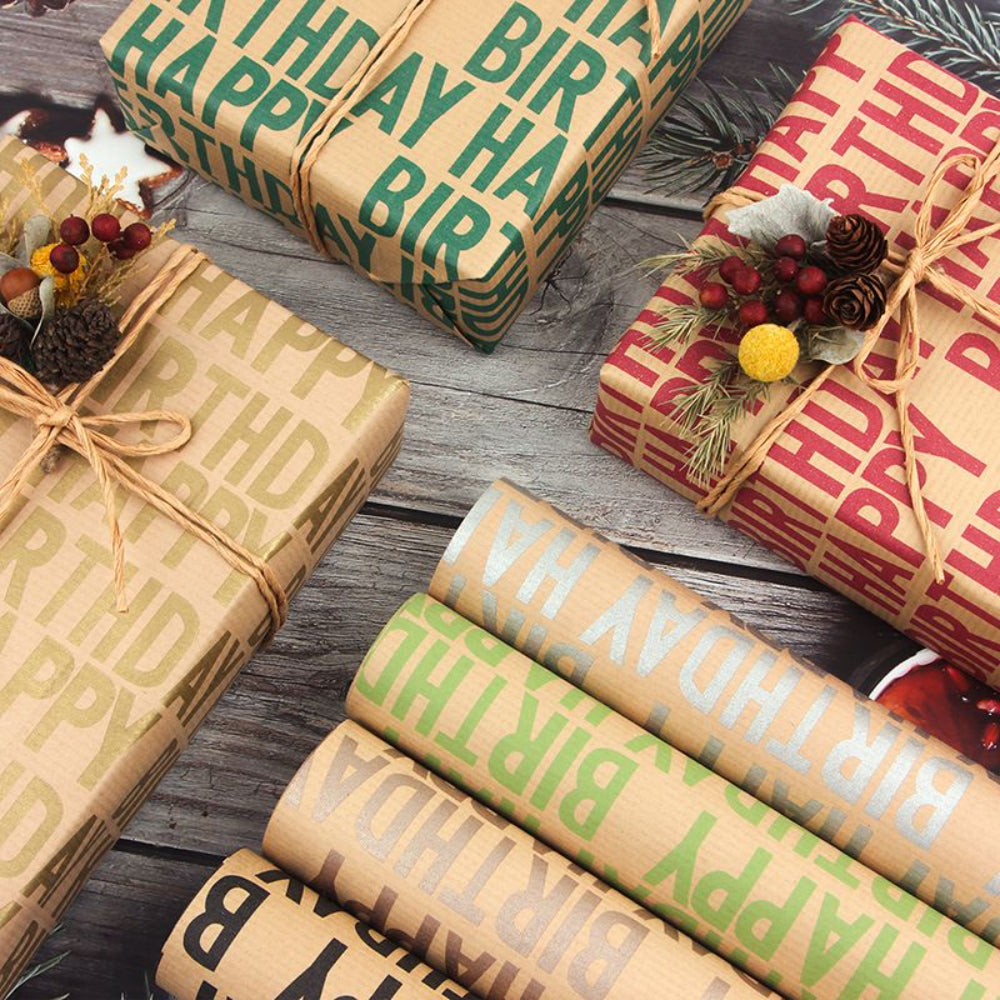 Happy Birthday Kraft Wrapping Paper - 6pcs - Brown, 50CM X 70CM, Birthday Wrapping Paper