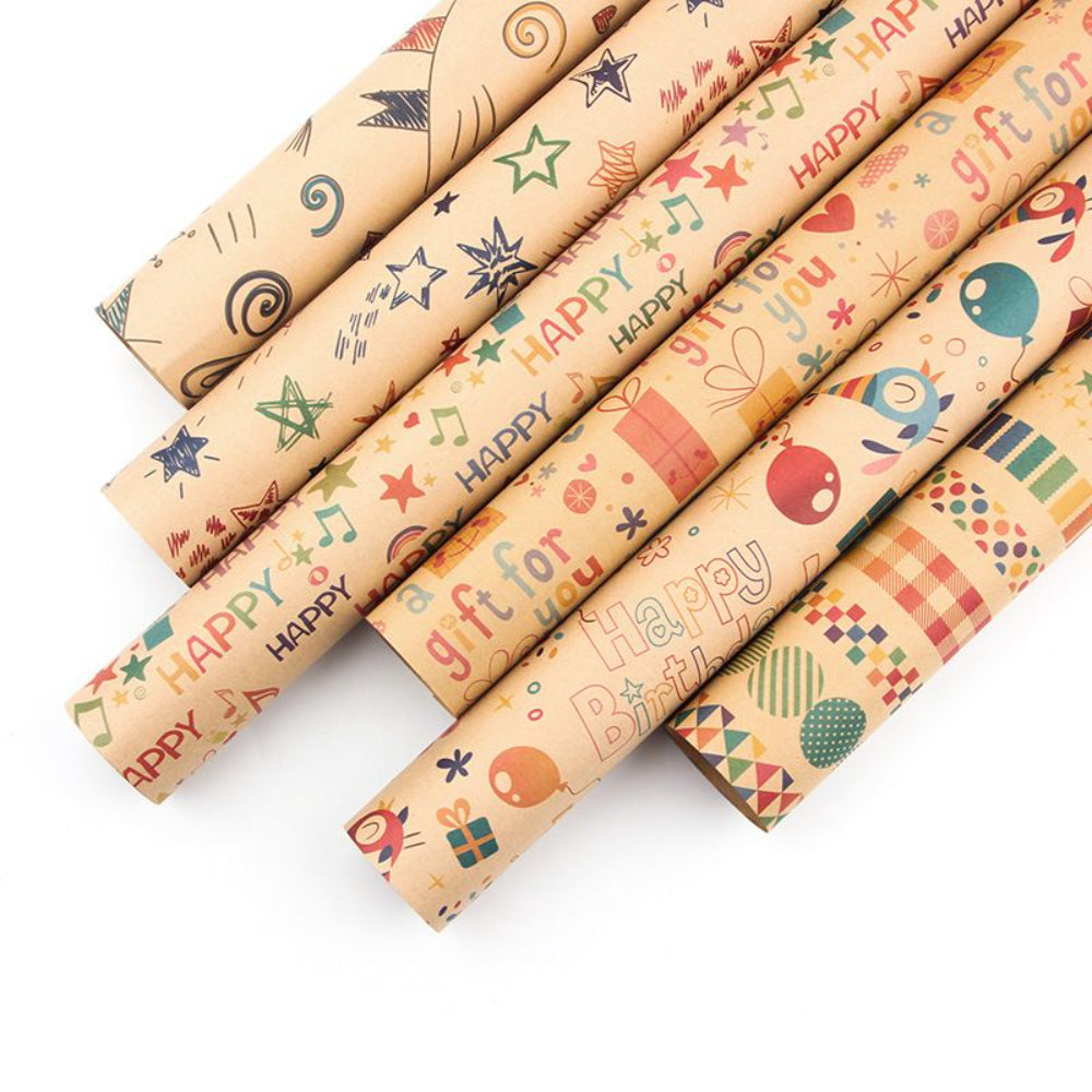 Birthday Pattern Printed Kraft Wrapping Paper - 6pcs, 50CM X 70CM, Birthday Wrapping Paper