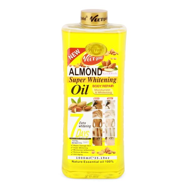 Veet Gold Almond Super Whitening Oil 1000mlPersonal CareAlmond Super Whitening Oil contains a powerful blend of natural ingredients to repair damaged skin, promote super whitening, and provide intense moisturization.
