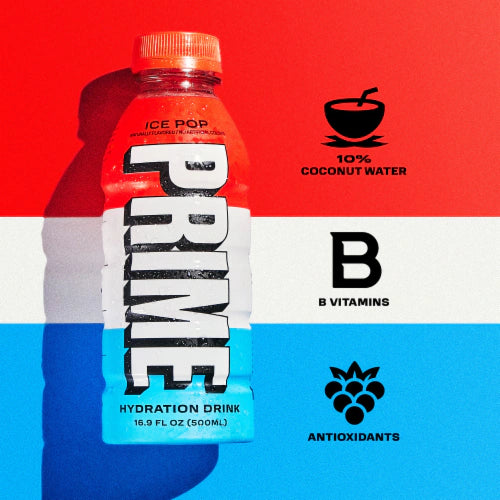 Prime Hydration Ice Pop 500ml (Pack of 12) | Electrolyte Sports Drink with BCAAs, B Vitamins, and Coconut Water | Caffeine-FreeBeveragesZero added sugar 25 Calories 10% Coconut Water Electrolytes Delicious Ice Pop Flavor: Enjoy a nostalgic blend of cherry