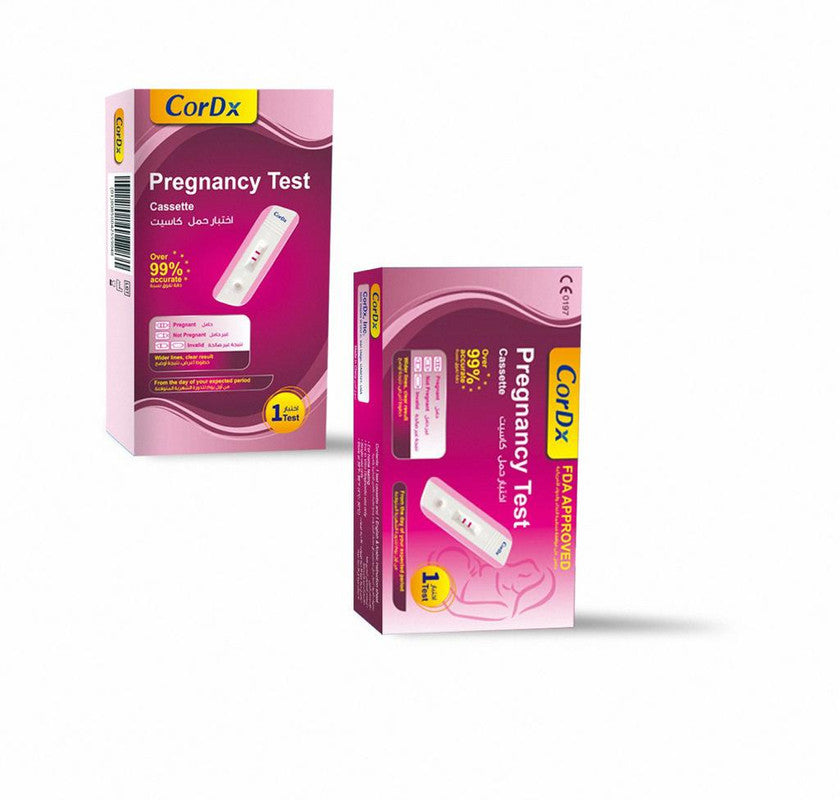 Cordx Pregnancy Test Cassette FDA Approved - 1 TestHealthDesigned to test with ease and accuracy for HCG from Urine sample at home• CorDx Pregnancy Test strip, cassette, and midstream are US FDA-approved HCG test kits.MOHAP registered• Result reading time