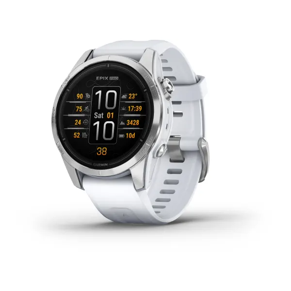 Garmin Epix Pro (Gen 2) Standard Edition - 42mm - Silver With Whitestone Silicone BandWearablesSEE YOUR STATS IN A BRILLIANT NEW LIGHT ALL DAY, EVERY DAYConquer every hour of the day with advanced training features, 24/7 health and wellness monitoring, an