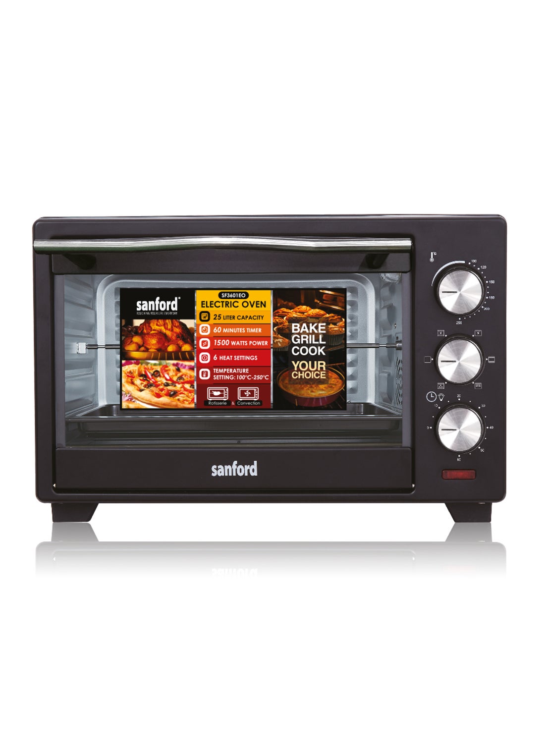 Sanford Electric Oven 25.0 LITRE 1500 W SF3601EO BSKitchen Appliances25 liters capacity, Convection& Rotisserie. Adjustable Temperature Control From 100℃ to 250℃. 6 Stages Selector for Heating Element. 60 Minutes Timer | Auto Shut-off. Cook End Alert Bell