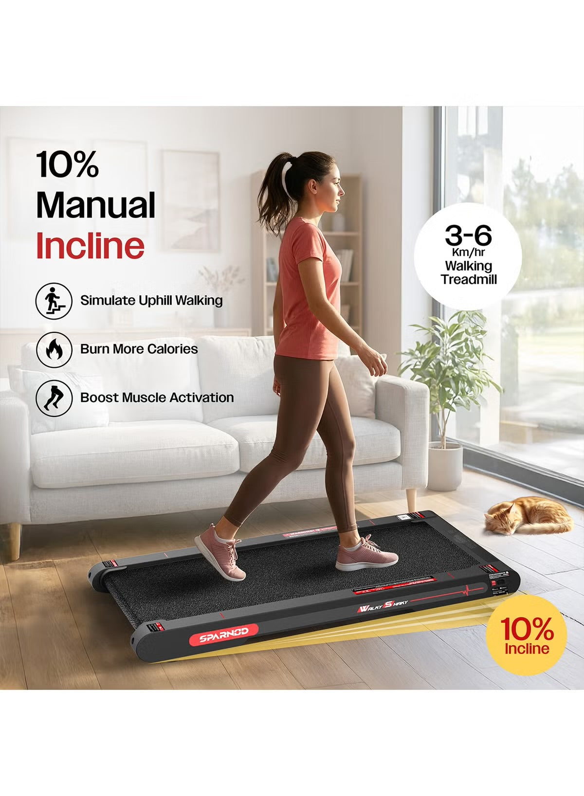 Sparnod Fitness WalkyShaky 2.0 PRO Walking Pad, 3HP Motor, 10% Manual Incline, LCD Display, 3–6 km/h Speed, 150kg Capacity, Foldable Treadmill for Home & Office