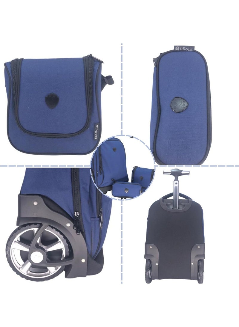 i-kola 3pcs Solid Blue Kids Rolling School Bag Set- Blue travel bag with multiple views on a white background