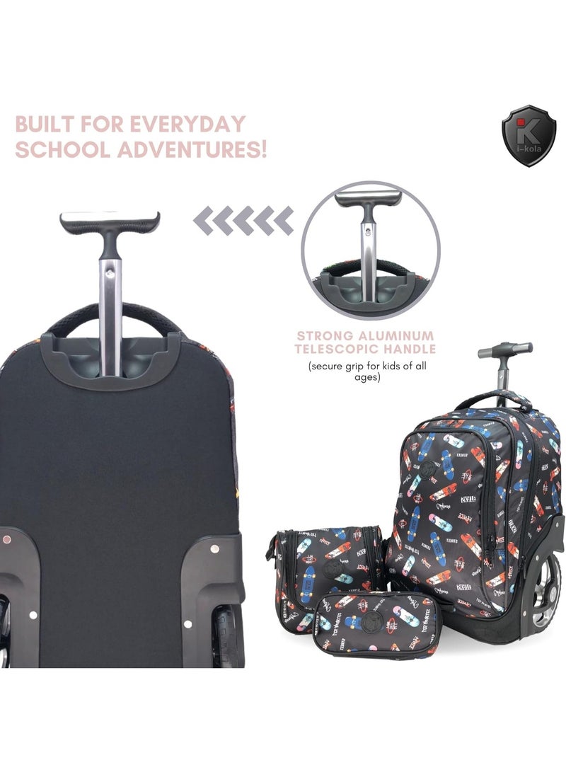 School bag set with trolley case, backpack, and pouches on a white background