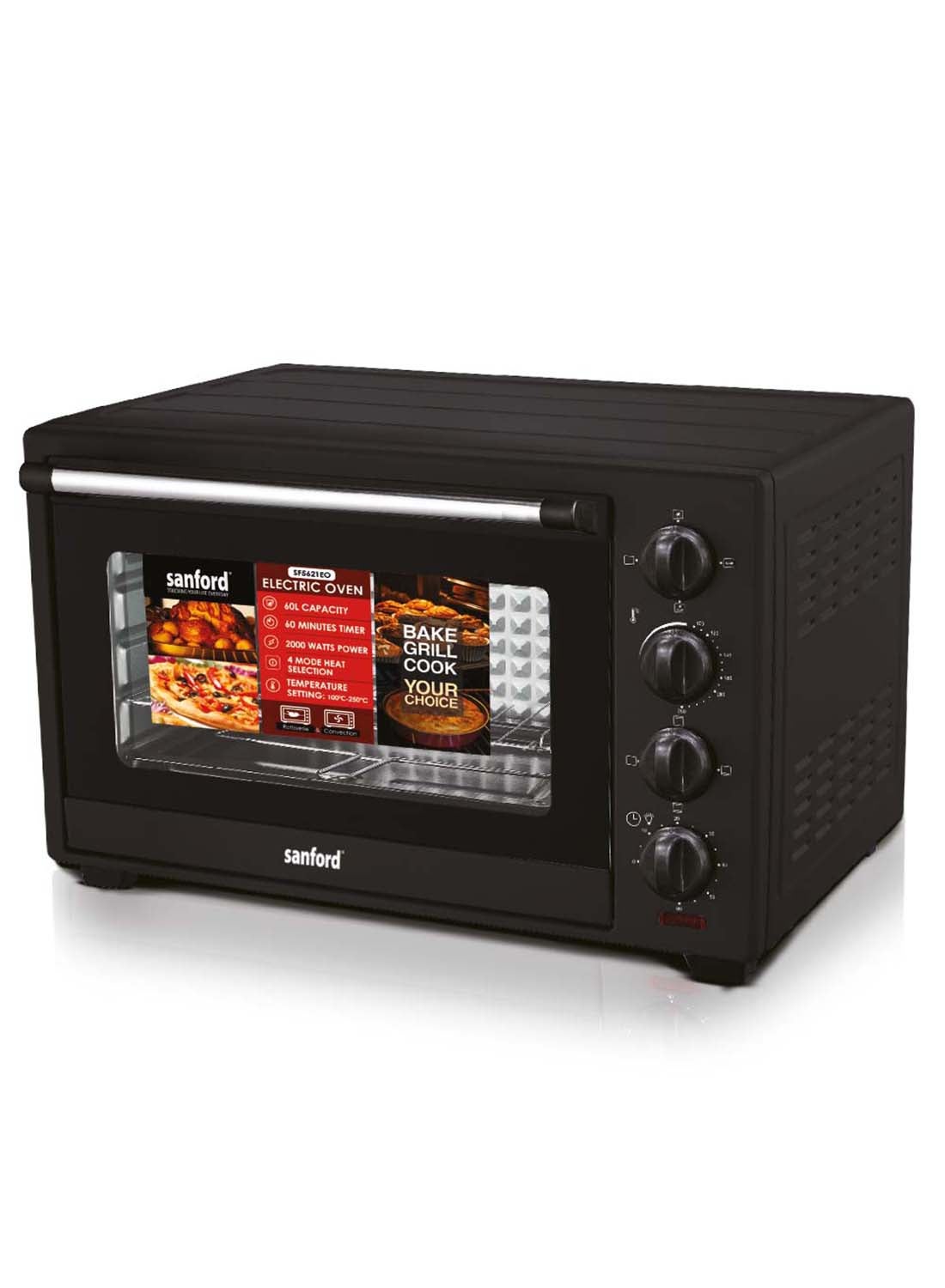 Sanford Electric Oven 60.0 LITRE 60 L 2000 W SF5621EO BS - BlackKitchen Appliances60 Litres Big Capacity, 2000 Watts. Rotisserie & Convection Function. 4 Mode Heat Selection. 100ºC-250ºC Adjustable Temperature Control. 60 Minutes Timer, Auto Shut-OFF. Sta