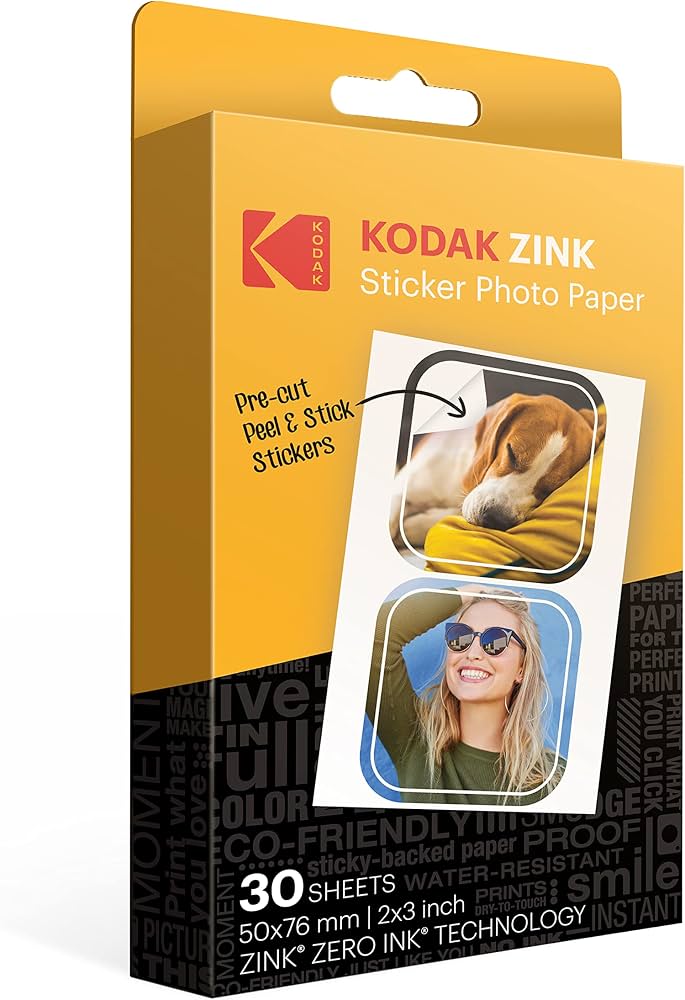 Kodak 2 x 3 Inch ZINK Pre-Cut Sticker Photo Paper, 30 Sheets – Glossy Adhesive-Backed Paper for Kodak Step Printer