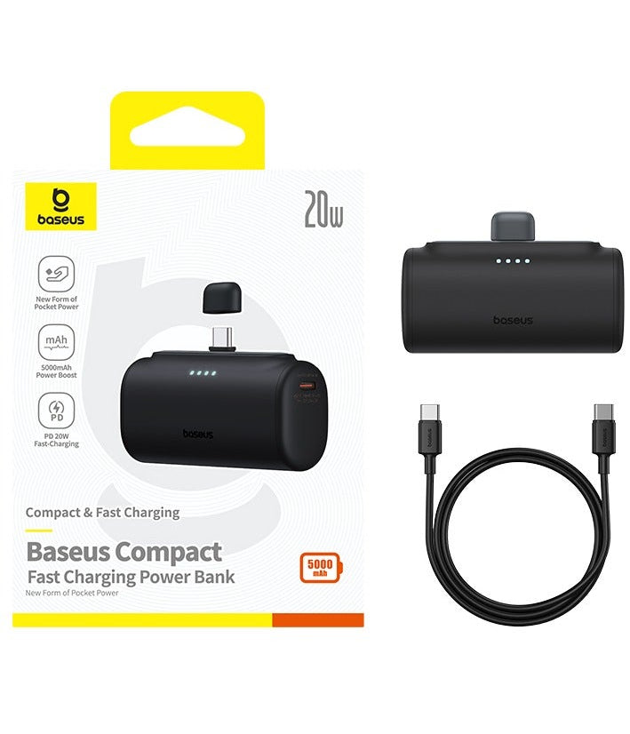 Baseus 5000mAh 20W Power Bank Built-In USB-C – No Cable Needed, Pocket Size, Fast Charge, Black