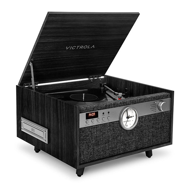 Victrola Century Signature 6 in 1 Music Center With Clock BlackMid-Century Elegance,The Victrola Century Signature Bluetooth, record player brings elegant mid-century design to the all-in-one music center. The Century Signature features a 3-speed, belt-dr