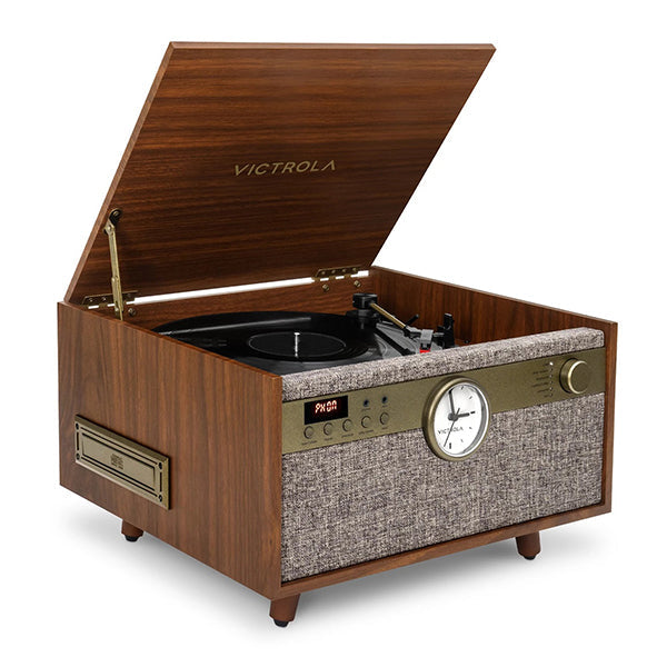 Victrola Century Signature 6 in 1 Music Center With Clock WalnutMid-Century Elegance The Victrola Century Signature Bluetooth record player brings elegant mid-century design to the all-in-one music center. The Century Signature features a 3-speed, belt-dr