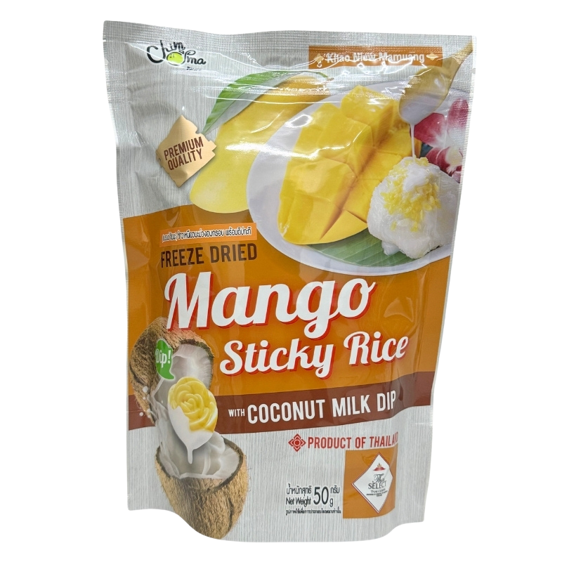 CHIMMA Mango Sticky Rice with Coconut Milk DipSnacksCHIMMA captures the authentic flavors of Thailand in snacks, allowing you to experience the classic Thai dessert Mango Sticky Rice in a convenient freeze-dried form. Made with premium mango, authentic st
