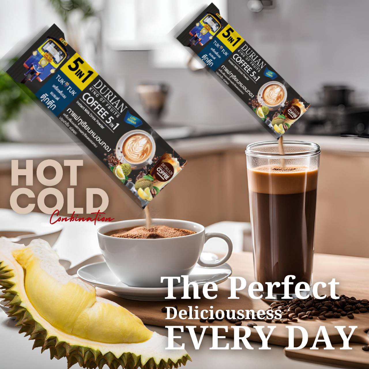 Instant Coffee and Monthong Durian Drink Powder (Total of 5 Boxes, 1 Box = 5 Sachets)BeveragesA Bold Fusion of Coffee and the King of Fruits – Durian Coffee Step into a whole new world of flavor with our Durian-Mixed Coffee – a daring and unique blend tha