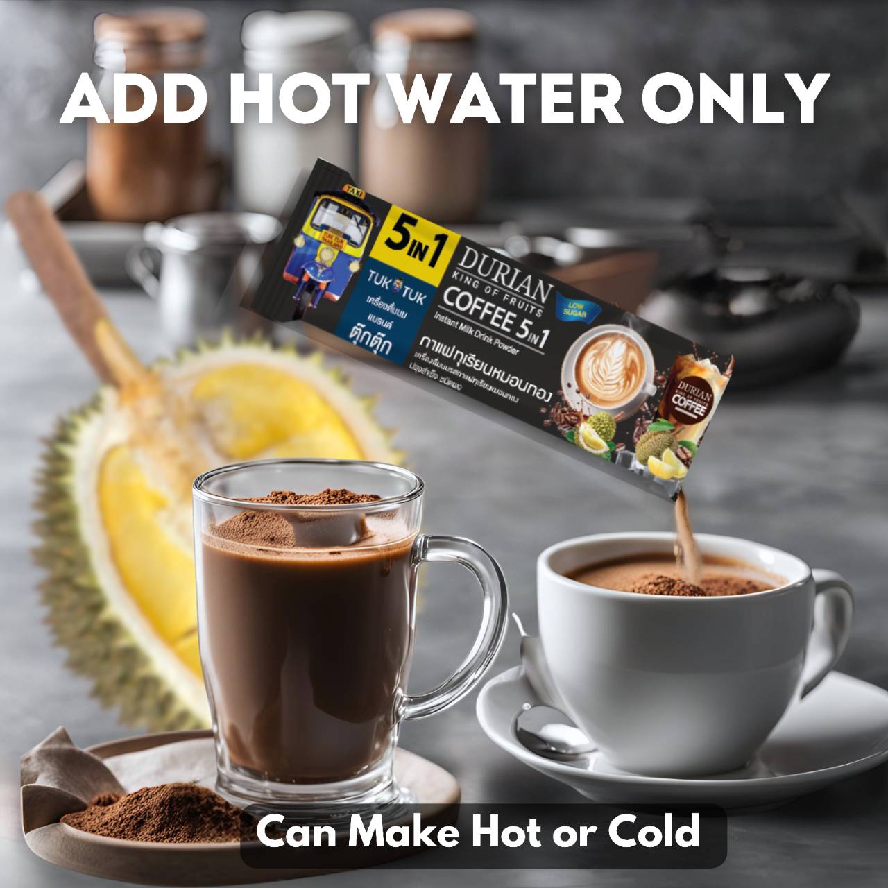 Instant Coffee and Monthong Durian Drink Powder (Total of 5 Boxes, 1 Box = 5 Sachets)BeveragesA Bold Fusion of Coffee and the King of Fruits – Durian Coffee Step into a whole new world of flavor with our Durian-Mixed Coffee – a daring and unique blend tha