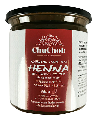 Chuchob Natural Hair Dye Henna (2pcs per pack)Hair CareNatural Hair Dye Henna.(Ready made Hair Dye)Dye white hair & grey hair to light red brown color. Nourishes scalp and strengthens hair root naturallyDirections: Wash your hair and apply Vaseline on for