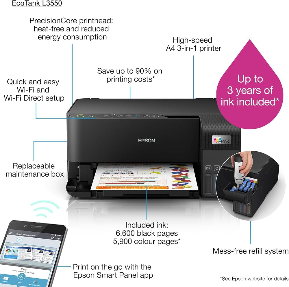 Epson EcoTank L3560 A4 Colour All-in-One Ink Tank Printer | 3-in-1 Print, Scan & Copy | Wi-Fi & Wi-Fi Direct | Photo Printing | Smart App | Black
