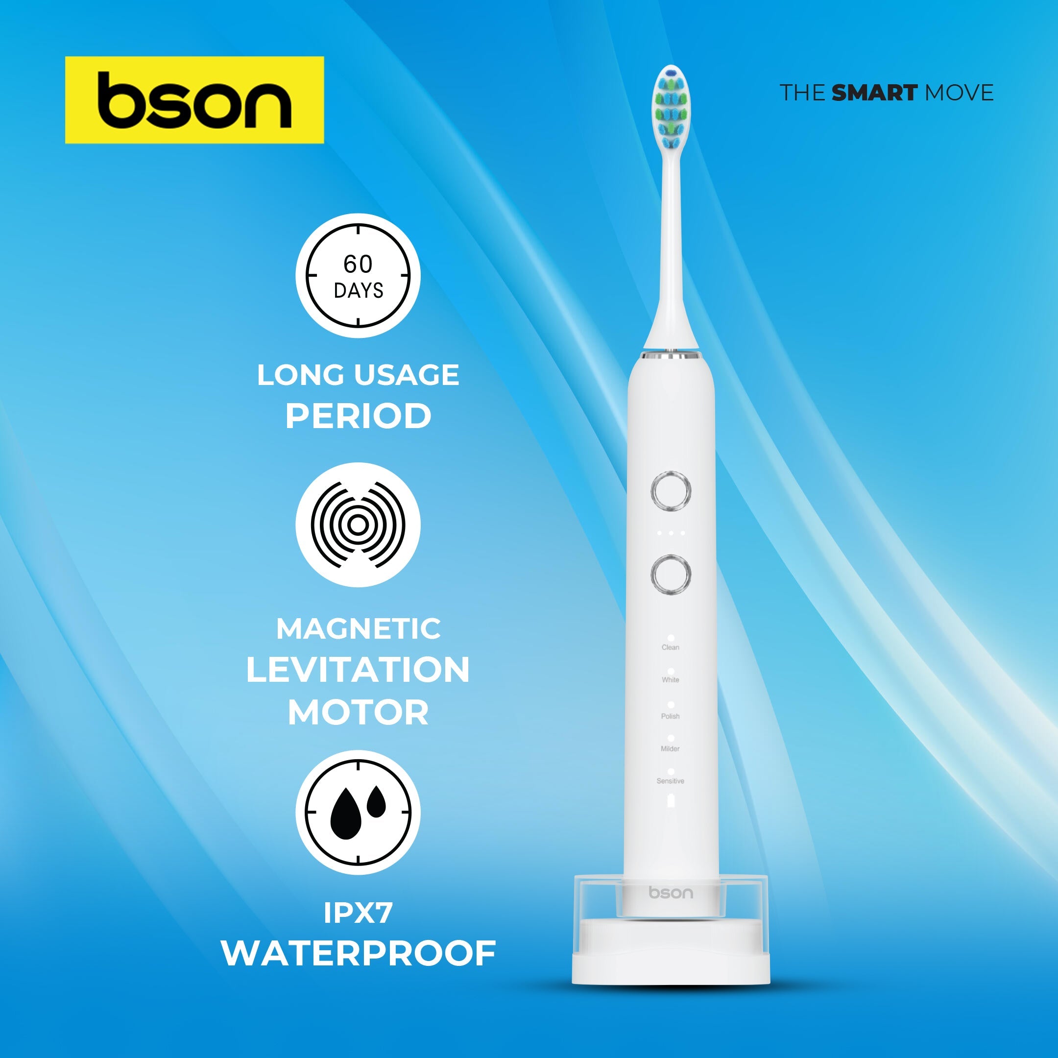 BSON Wireless Sonic Toothbrush – 10X Better Whitening, 60-Day Battery Life, Wireless Charging, 40,000 SPM & IPX7 Waterproof