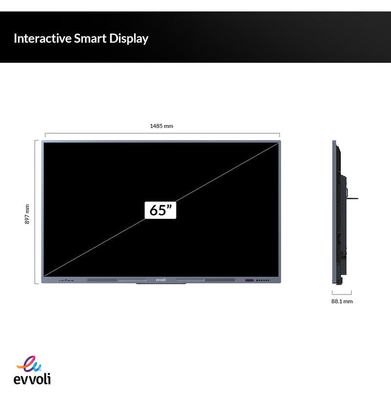 evvoli Interactive Smart Display 4K UHD, 65 Inches LED with Stand, Android 13, 40 Points, 10M Laser Distance 65EVID60X+Stand Black