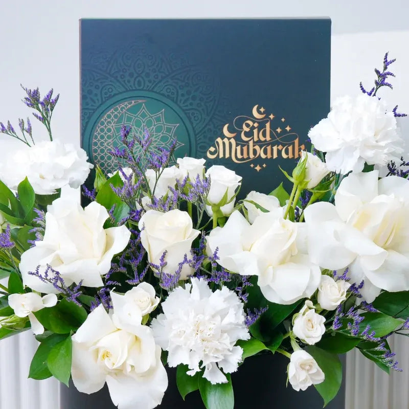 Eid Ivory Flowers and Dates Box – Luxury Floral & Premium Dates Gift Box for Ramadan and Eid