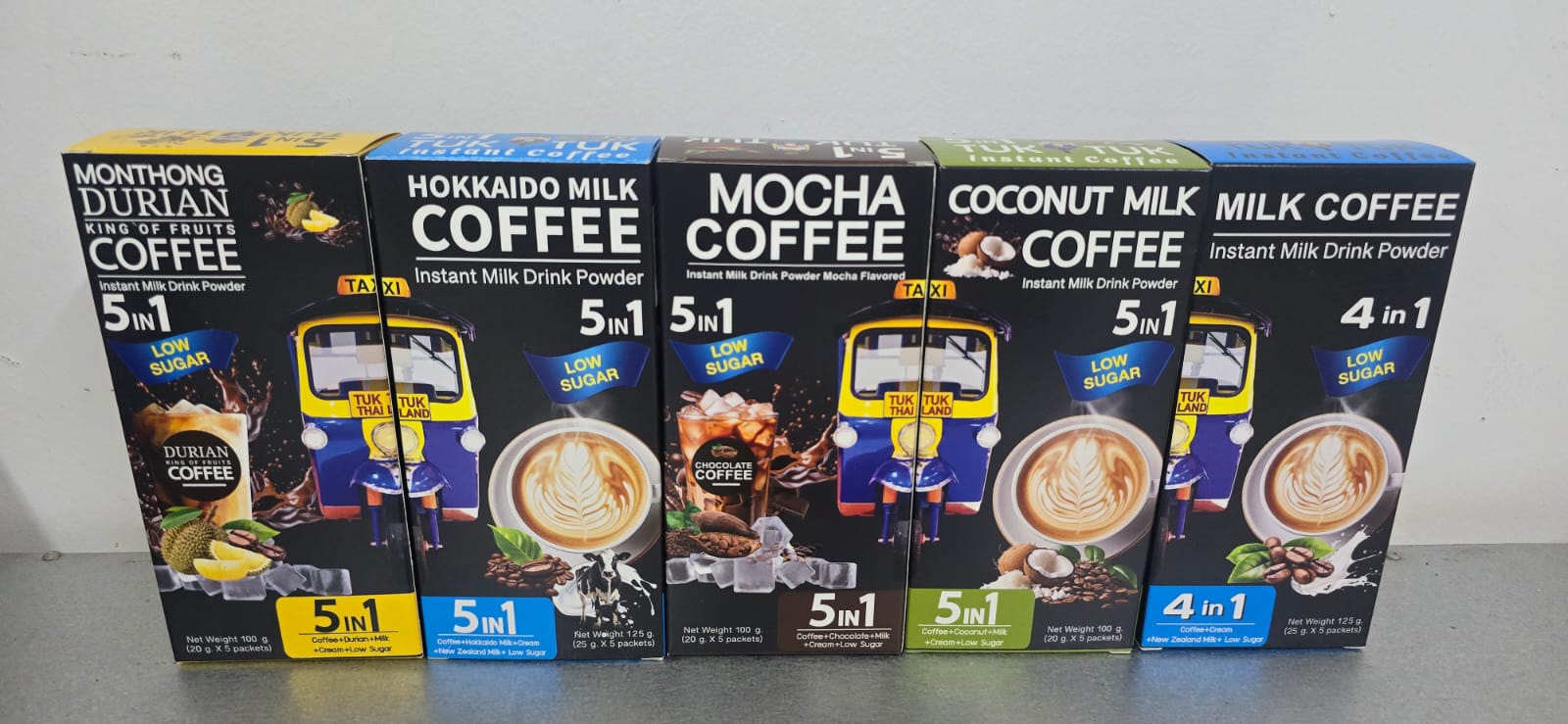Top 5 Instant Coffee Drink Powder (Coconut Coffee, Durian Coffee, Mocha Coffee, Hokkaido Coffee, Coffee Milk) (Total of 5 Boxes, 1Box = 5 Sachets)BeveragesTop 5 items of premium coffee which have been selected for you. You will be able to try our best cof