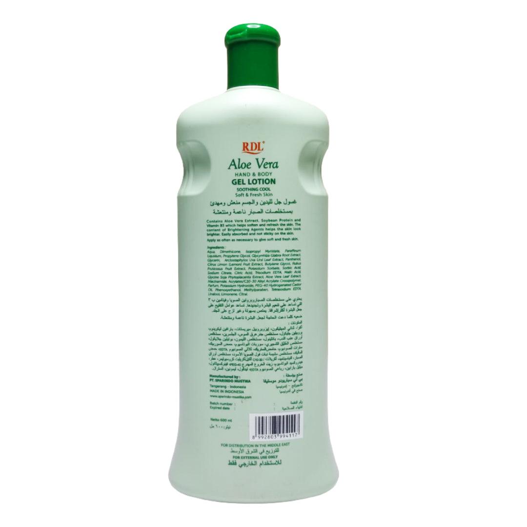 RDL Aloe Vera Extract Hand & Body Gel Lotion - 600mlPersonal CareAloe Vera Infused Care: Enriched with natural aloe vera extract to calm, hydrate, and refresh dry or irritated skin. Lightweight Gel Texture: Non-sticky, fast-absorbing gel lotion delivers i