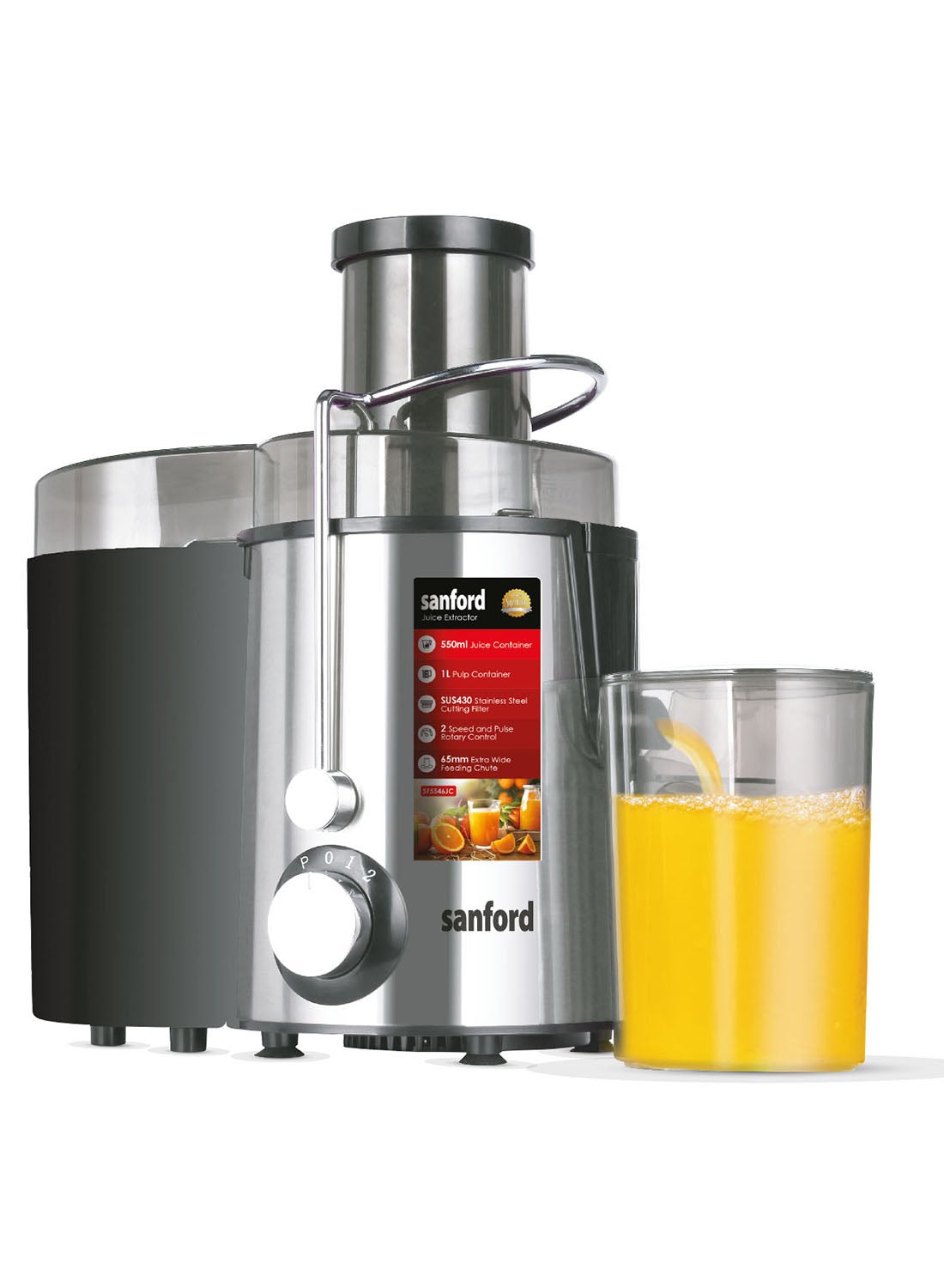Sanford Juice Extractor 500W 1 L, 550ml Juice Container, SF5546JCKitchen AppliancesDirect Juicing Spout. Stainless Steel Mesh Stainer. Extra Wide 65mm Feed Chute. 2 Speed Rotary Control with Pulse Function. 1L Pulp Container. 550ml Juice Container. Safety