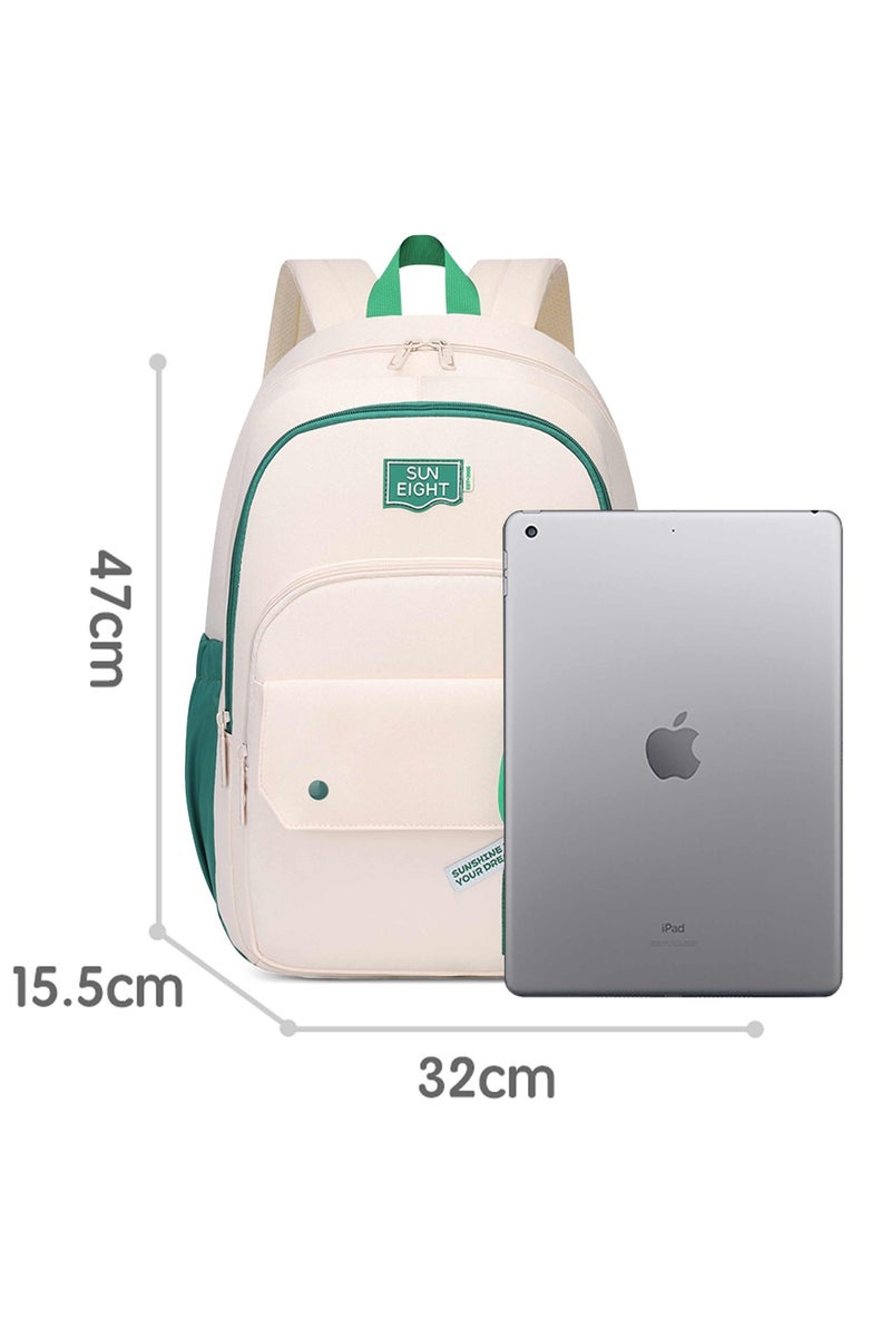 Sun Eight School Backpack SE8485 – 18.5-inch, Water-Resistant Polyester, Flap Front Pocket, Padded Back, Beige Green