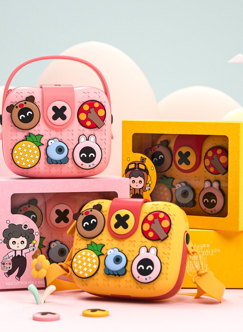 Colorful children's toy with cartoon character designs on a light blue background