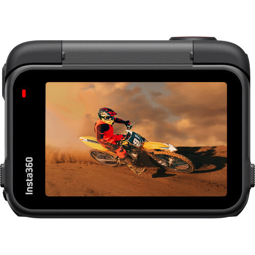 Action camera displaying a motocross rider on screen with 'Insta360' 