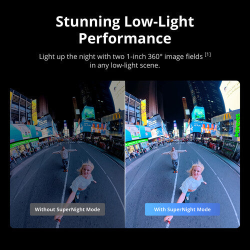 Comparison of low-light performance with and without SuperNight Mode in a city street scene - DJI Osmo 360 Action Camera
