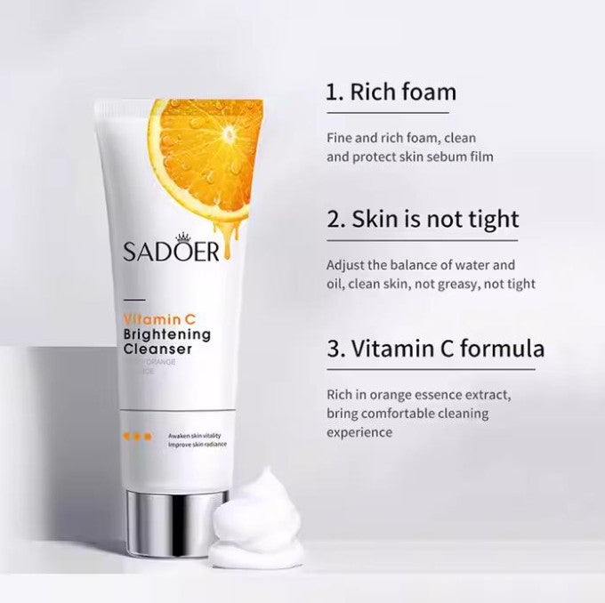 SADOER Vitamin C Brightening Face Wash, Moisturizing Cleanser with Orange Extract for Radiant Skin, 100g