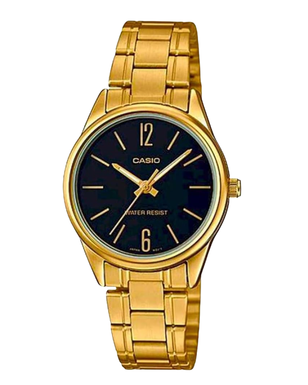 Casio Women’s Analog Watch — LTP‑V005G‑1BUDF (Black Dial, Gold Stainless‑Steel Band)