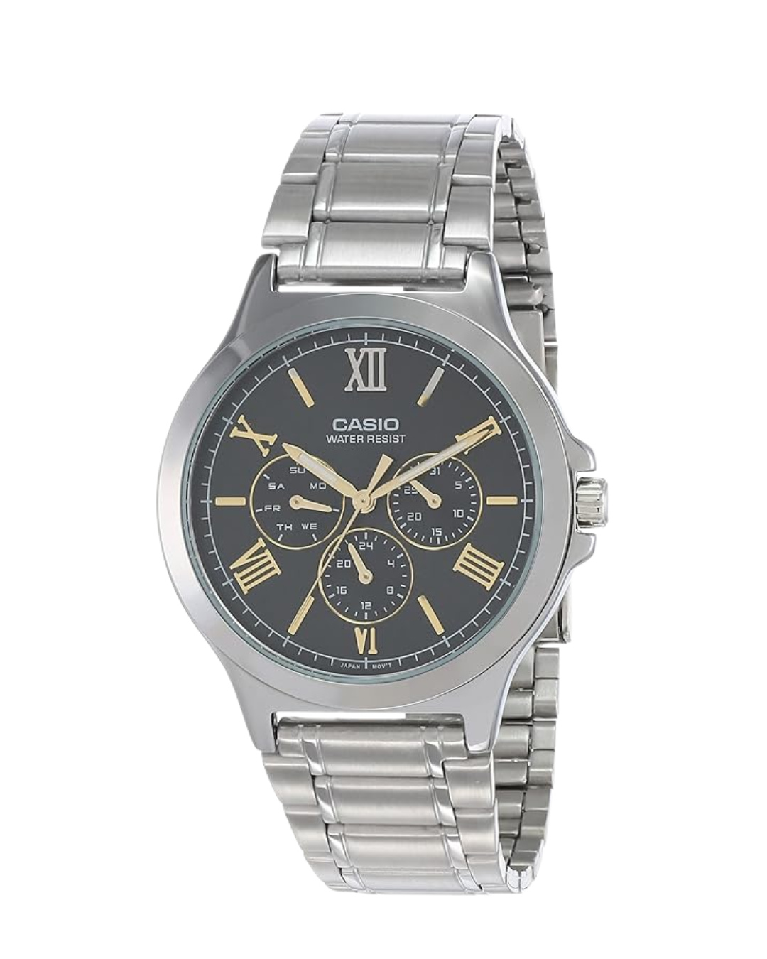 Casio MTP‑V300D-1A2UDF Men’s Analog Stainless Steel Watch – Black Dial, Day/Date & 24‑Hour Subdials