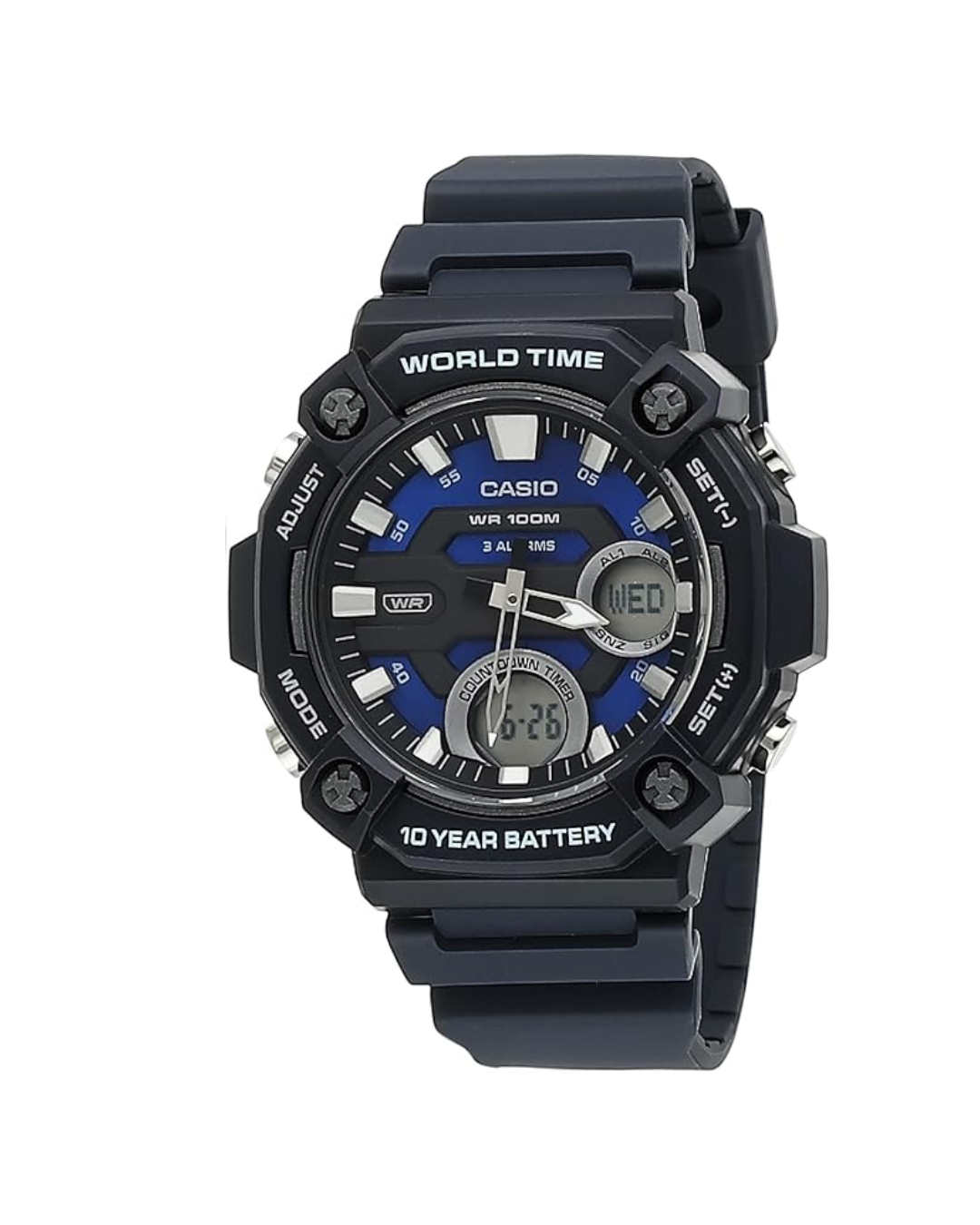 Casio AEQ‑120W-2AVDF Men’s Digital & Analog Watch – Blue Dial, Black Resin Band
