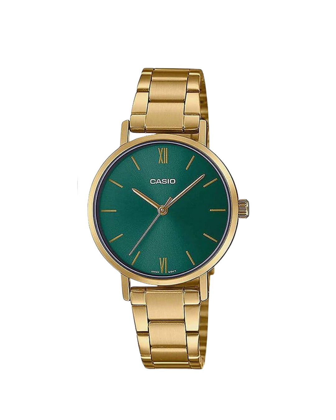 Casio LTP‑VT02G-3AUDF Women’s Analog Watch – Green Dial, Gold Stainless Steel
