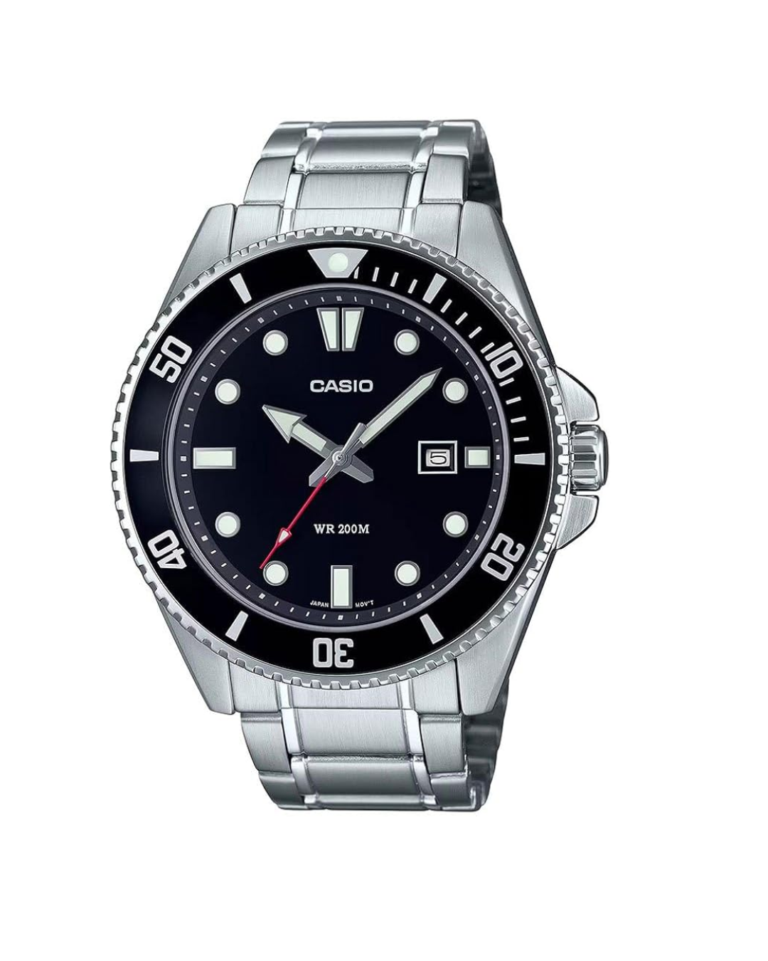 Casio MDV‑107D-1A1VDF Men’s Dive Watch – Black Dial, Silver Stainless Steel Band, 200M Water-Resistant, Quartz Movement