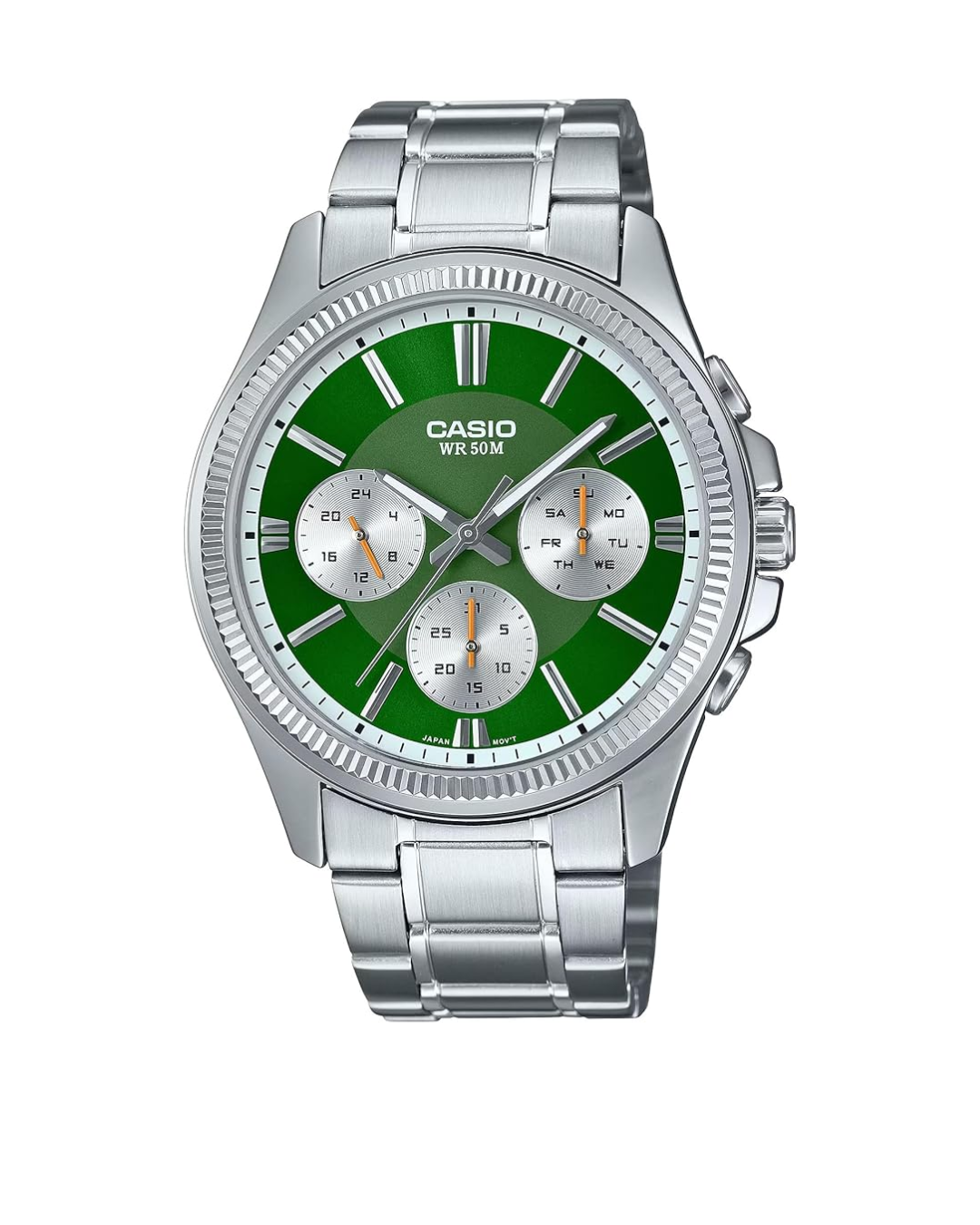 Casio MTP‑1375D-3AVDF Men’s Analog Watch – Green Dial, Silver Stainless Steel Band, Quartz Movement