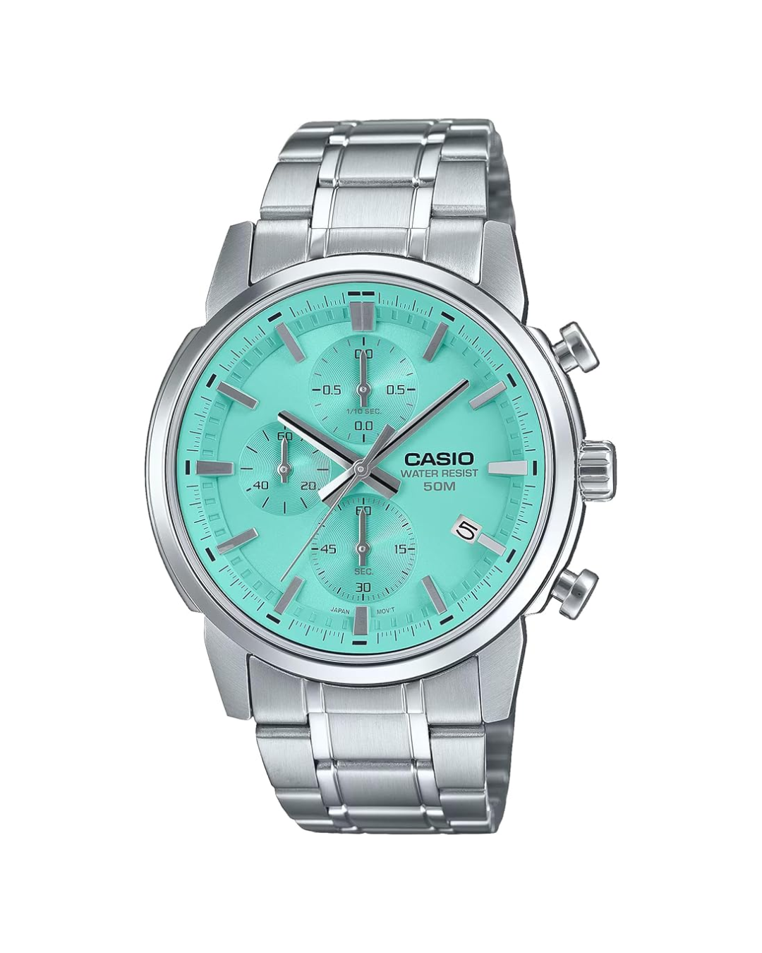Casio MTP‑E510D-2AVDF Men’s Analog Watch – Teal Dial, Silver Stainless Steel Band, Quartz Movement