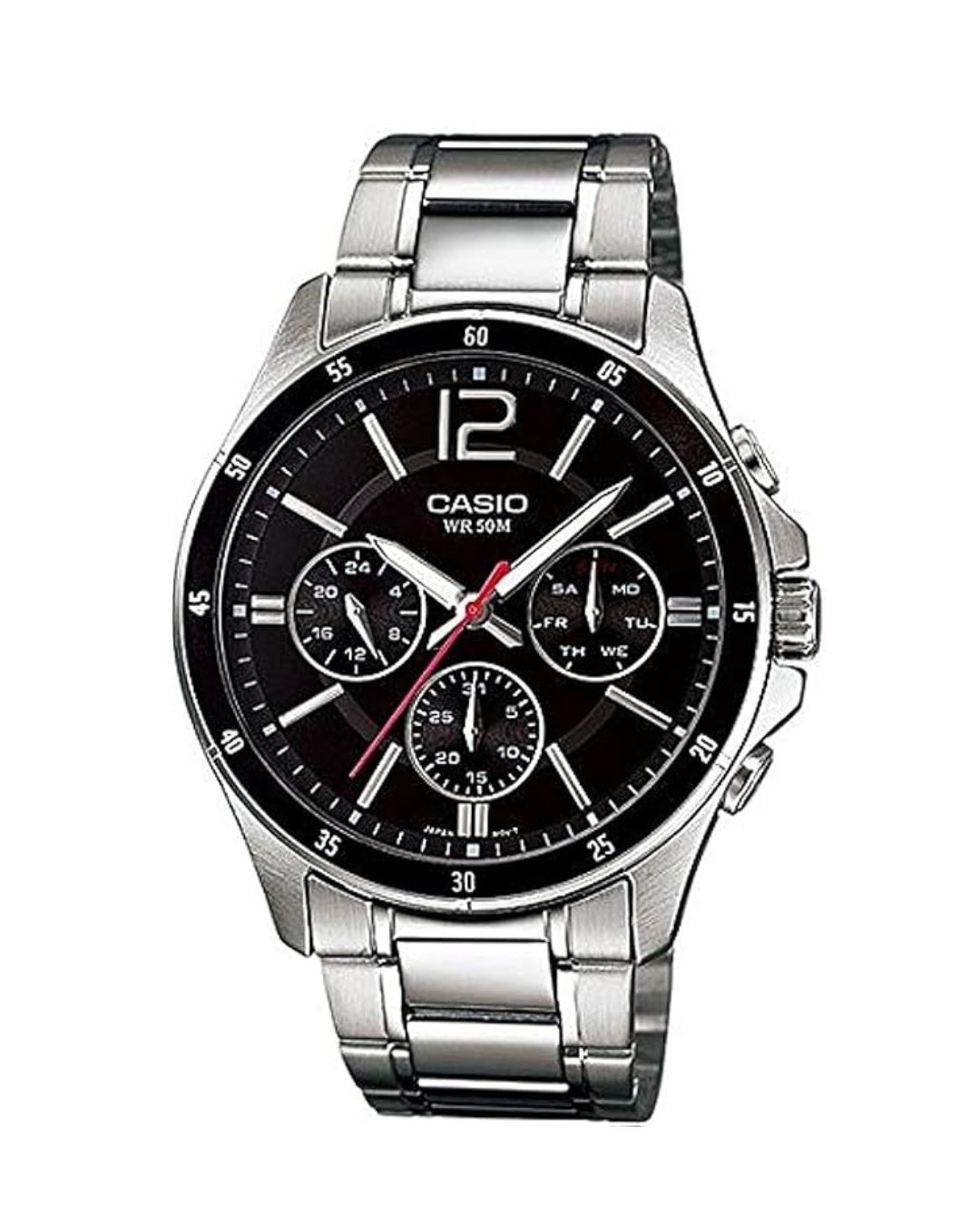 Casio Men’s Analog Quartz Watch – MTP-1374D-1AVDF, Black Dial with Silver Stainless Steel Strap