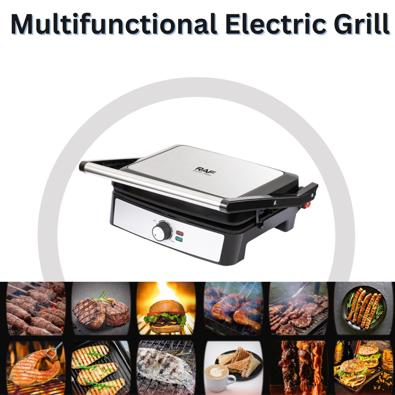 RAF Steak & Grill Machine, 2200W Powerful Electric Grill with Non-Stick Plates, Adjustable Temperature Control, Uniform Heat & Easy Cleaning – Multi-Purpose Contact Grill for Steaks, Sandwiches, BBQ & Panini