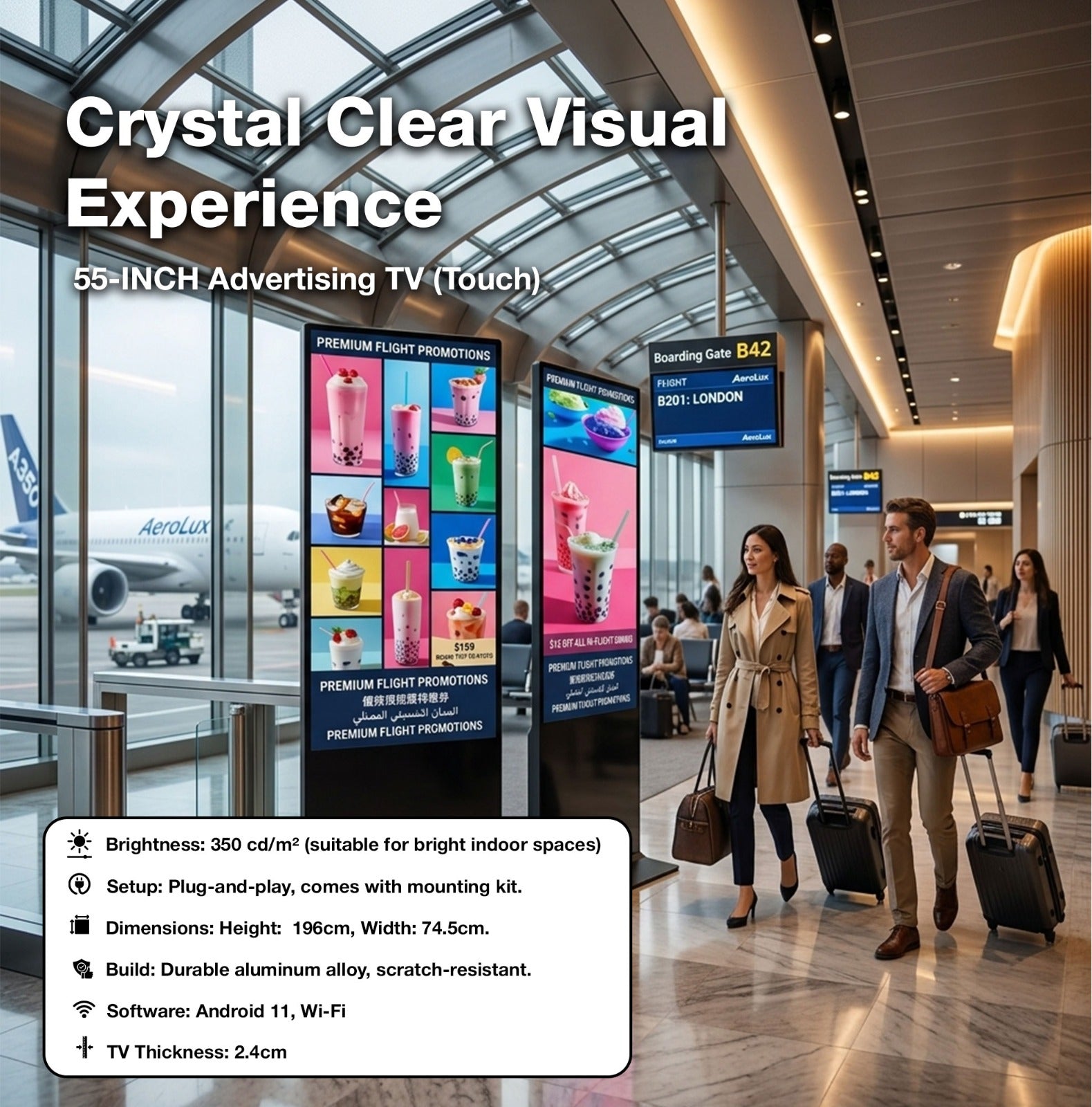 55-Inch Floor Standing Digital Signage Advertising TV | Non-Touch LCD Display | Android 11 | Indoor Commercial Display