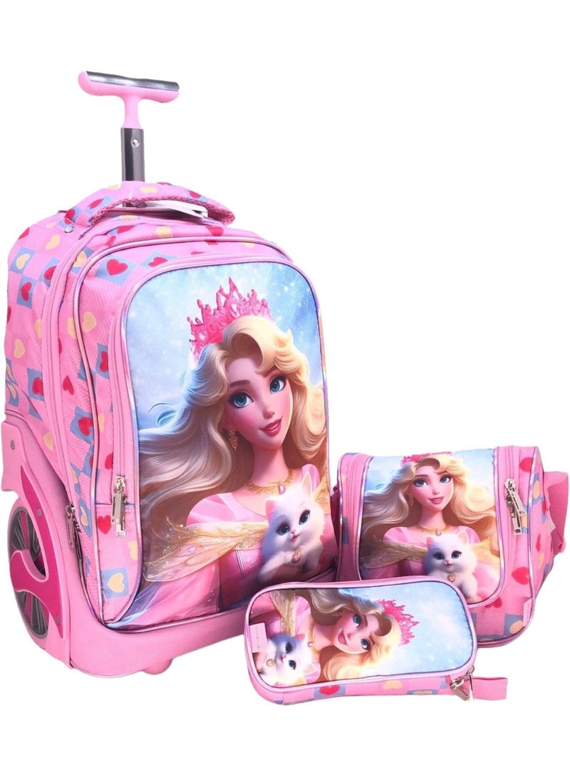 Pink suitcase with princess design on a white background