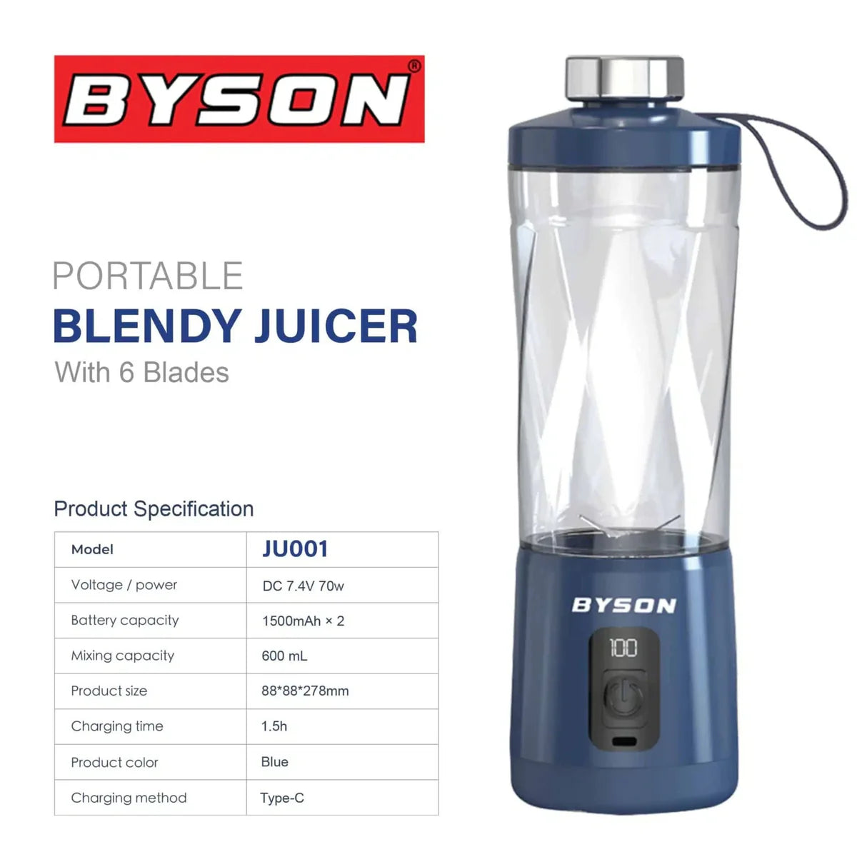 BYSON Portable Blendy Juicer – 600ml, 6 Blades, Rechargeable | JU001 BlueKitchen StorageIntroducing the BYSON Portable Blendy Juicer - the ultimate on-the-go juicing solution! With a generous 600ml capacity, 6 sharp blades, and rechargeable battery, enjoy