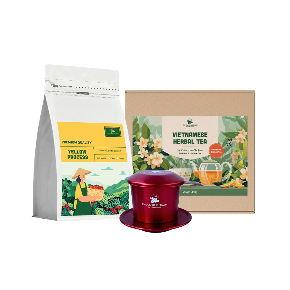 The Caphe Vietnam Coffee & Tea Gift Set | Yellow Process Coffee 250g | Cinnamon Orange Herbal Tea | Vietnamese Phin Filter (Red) | Traditional Drip Experience