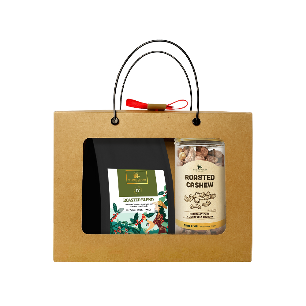 The Caphe Vietnam Coffee & Cashew Gift Set 500g + 500g | Roasted Arabica & Robusta Whole Bean | Wood Fire Roasted Cashew, Salted Skin-On | Premium Snack & Gift Combo