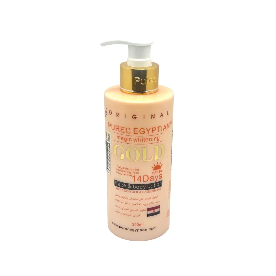 Purec Egyptian Magic Whitening Gold Lotion 300mlPersonal CareThe best quality whitening lotion that helps in facial treatments like blemish, burns, age spots and pimples defense with Egg Yolk & L-Glutathione.