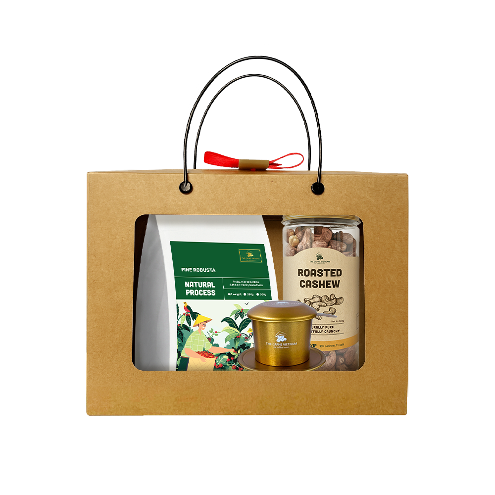 The Caphe Vietnam Coffee & Cashew Gift Set | Fine Robusta Natural Process Whole Bean 250g | Wood Fire Roasted Cashew, Salted Skin-On 500g | Vietnamese Phin Filter (Gold) | Traditional Drip Coffee