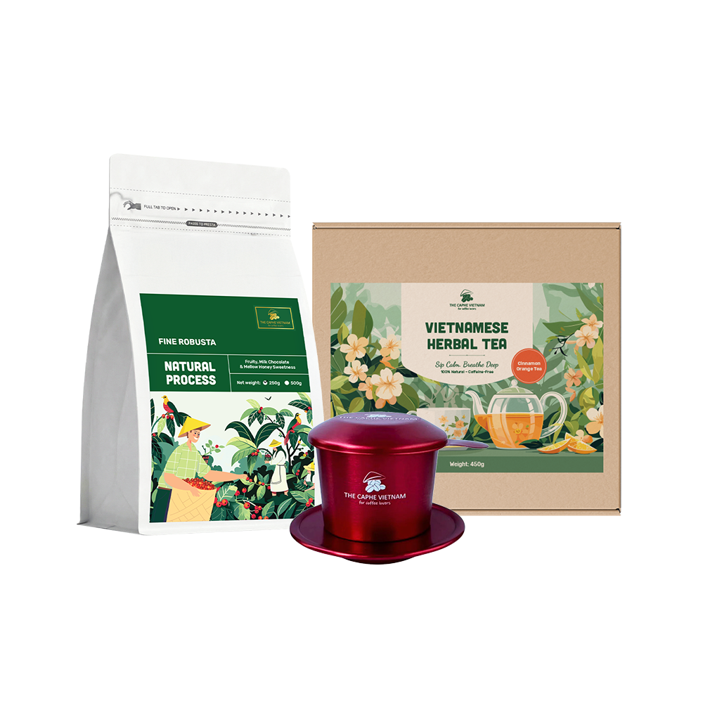 The Caphe Vietnam Coffee & Tea Gift Set | Fine Robusta Natural Process 250g | Cinnamon Orange Herbal Tea | Vietnamese Phin Filter (Red) | Traditional Drip Coffee Experience