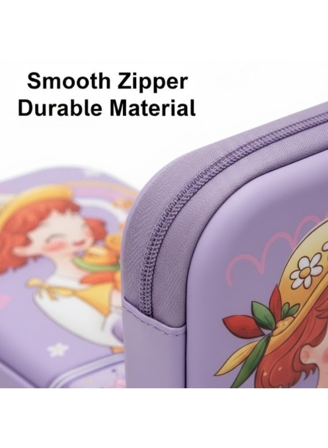 Lukadah Kids Pencil Case with Calculator – Purple Cartoon Pencil Box, Large Capacity Zipper Stationery Organizer for School, Kindergarten & Primary Students