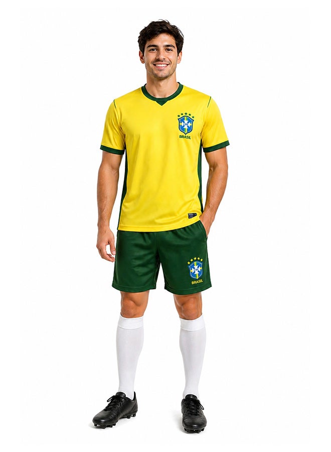 Brazil 2026 World Cup Home Football Kit – Men's Fan Replica Jersey & Shorts Set, Canary Yellow Base, Blue Shorts, Green Detailing, Breathable Fabric, Match Day & Casual Fan Wear